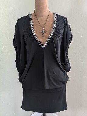 Moda International Black V-Neck Blouson Mini Dress with Beaded Trim